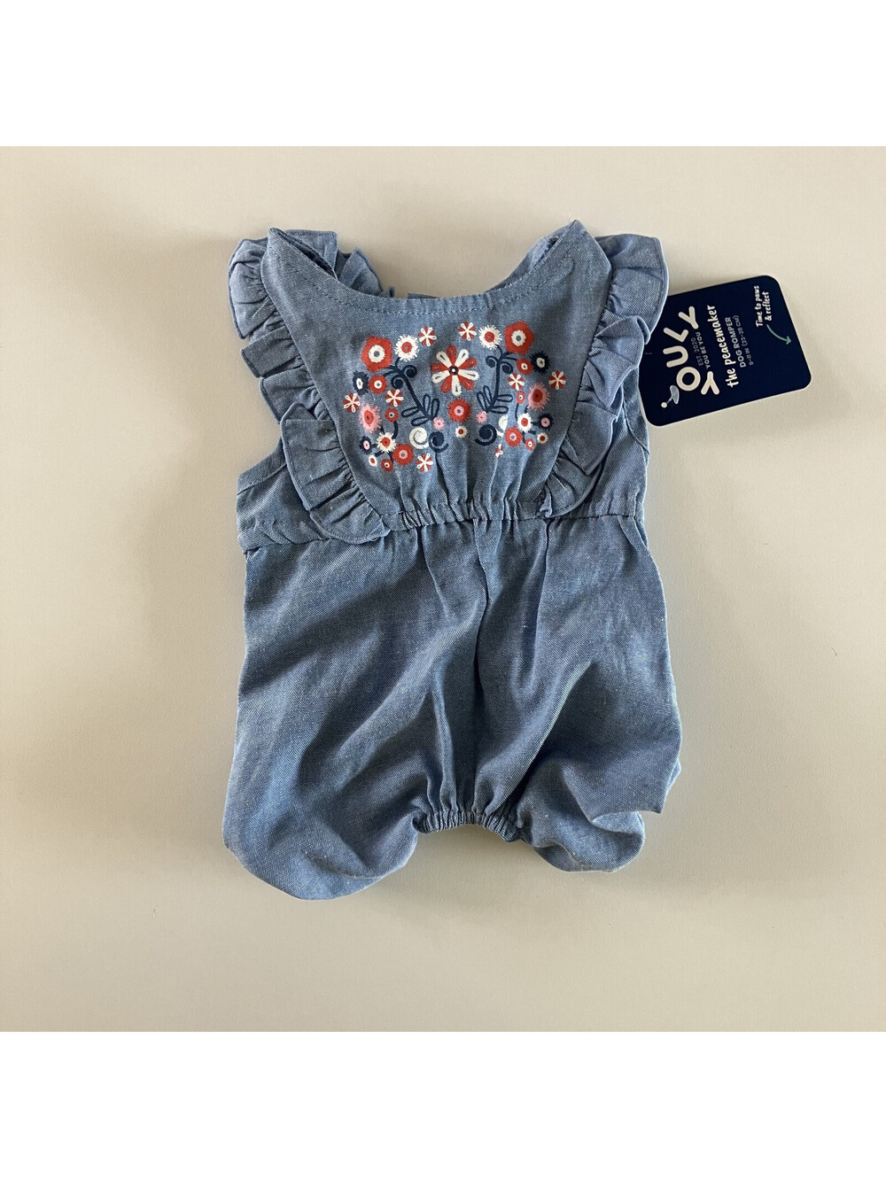 Youly Pet Dog One Piece Sz XXS Costume Ruffles Denim Floral Cottage Hipster NWT